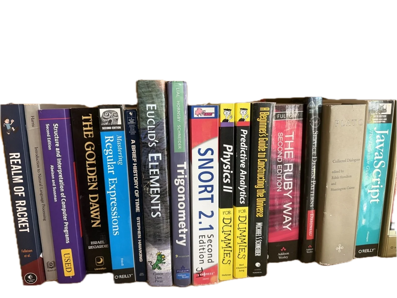 A shelf of well-worn programming, math, and philosophy books