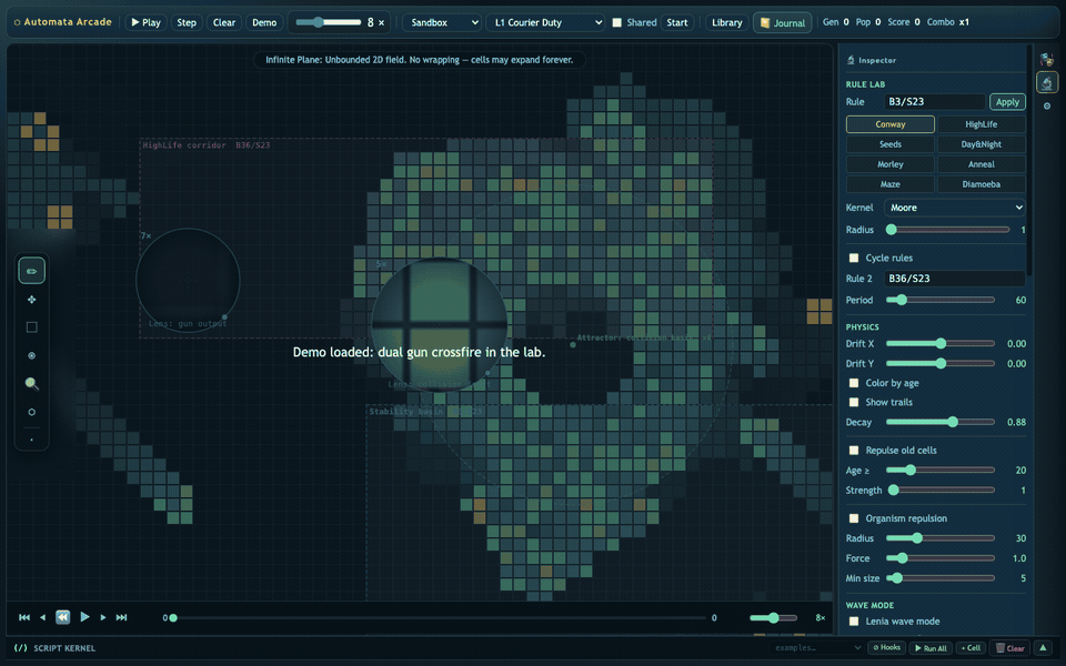 A short capture of lenses and zones while the automaton evolves