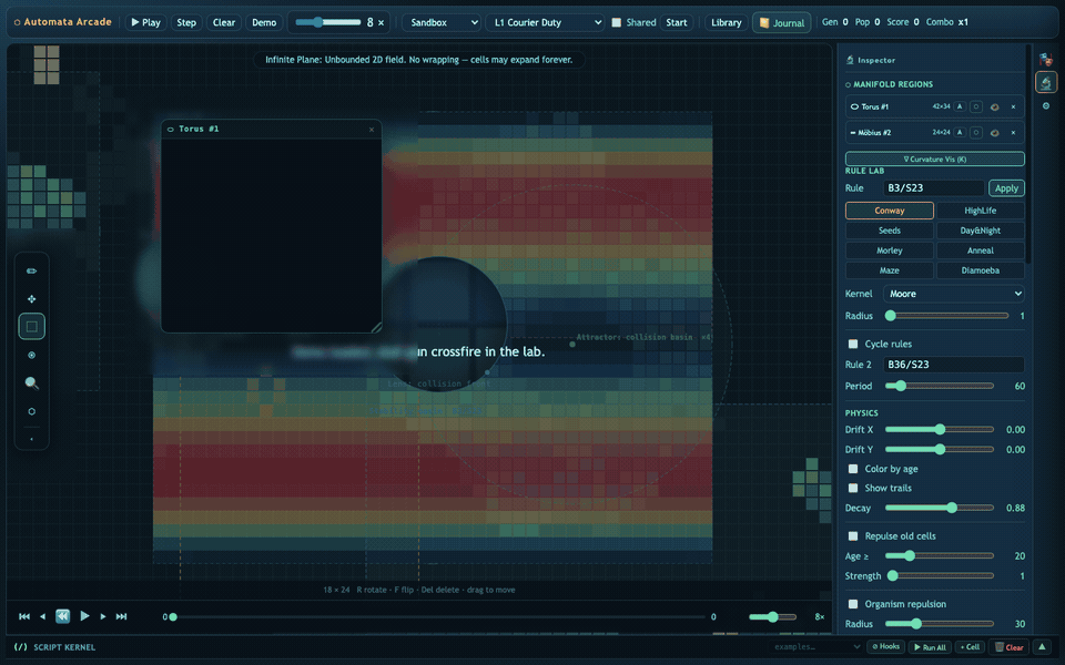 A short capture of automata evolving across manifold-mapped regions