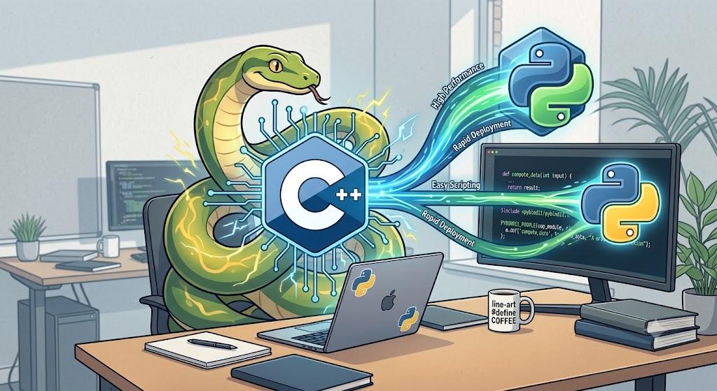 Line-art illustration of Python and C++ working together at a laptop