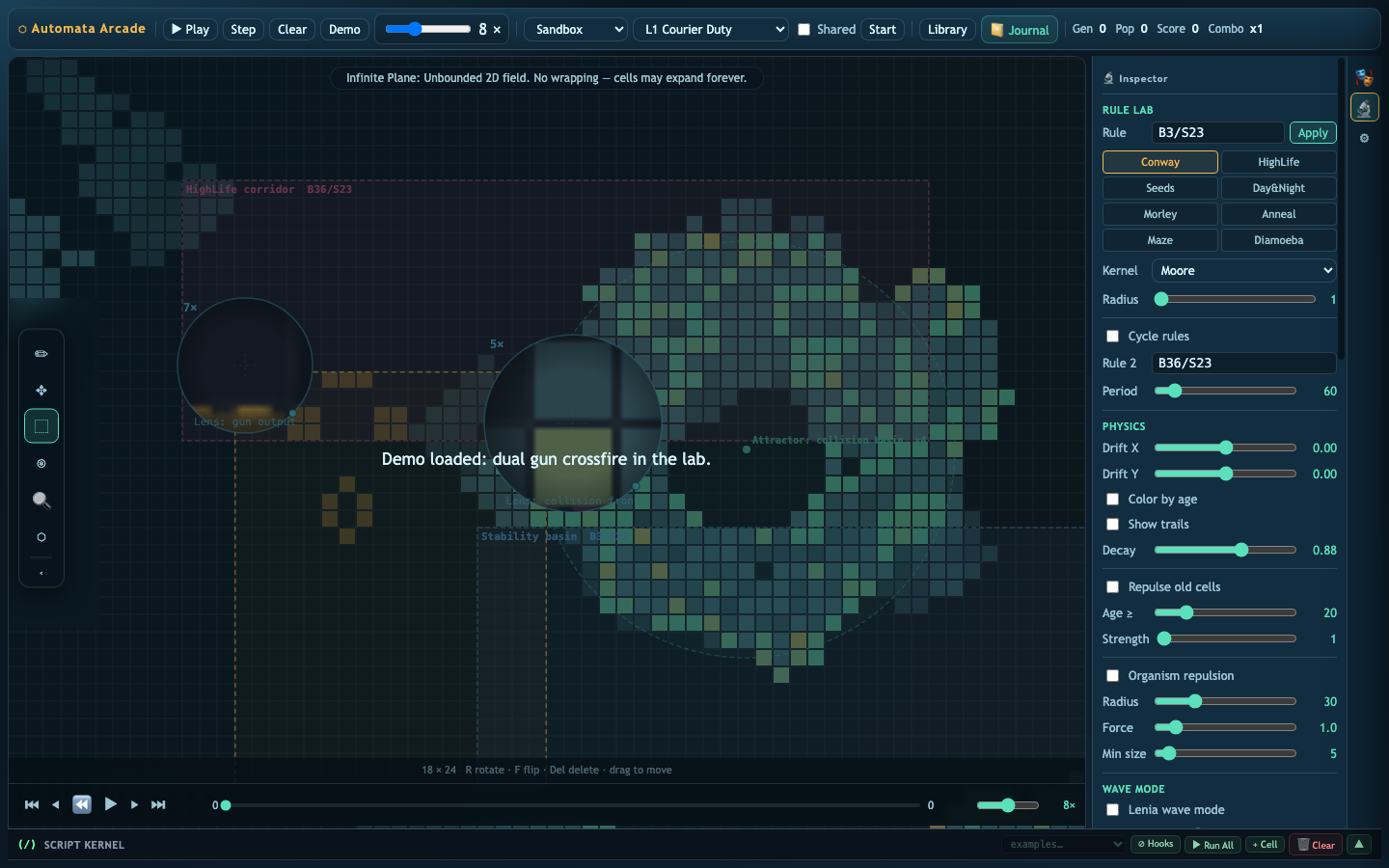 Automata Arcade selection tools with transformed cellular automata, lenses, zones, and rule controls visible.